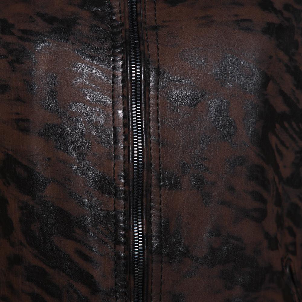 Black Roberto Cavalli Brown Printed Effect Calf Leather Zip Front Jacket XL