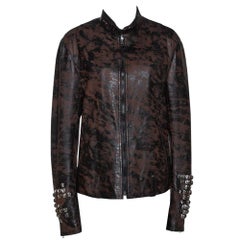 Roberto Cavalli Brown Printed Effect Calf Leather Zip Front Jacket XL
