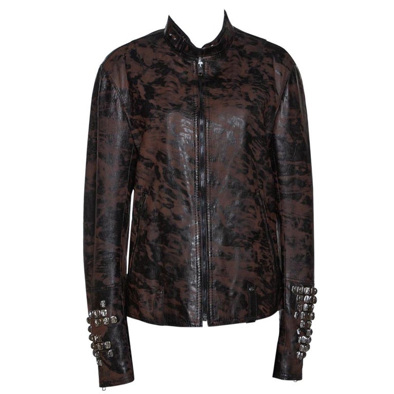 Roberto Cavalli Brown Printed Effect Calf Leather Zip Front Jacket XL ...