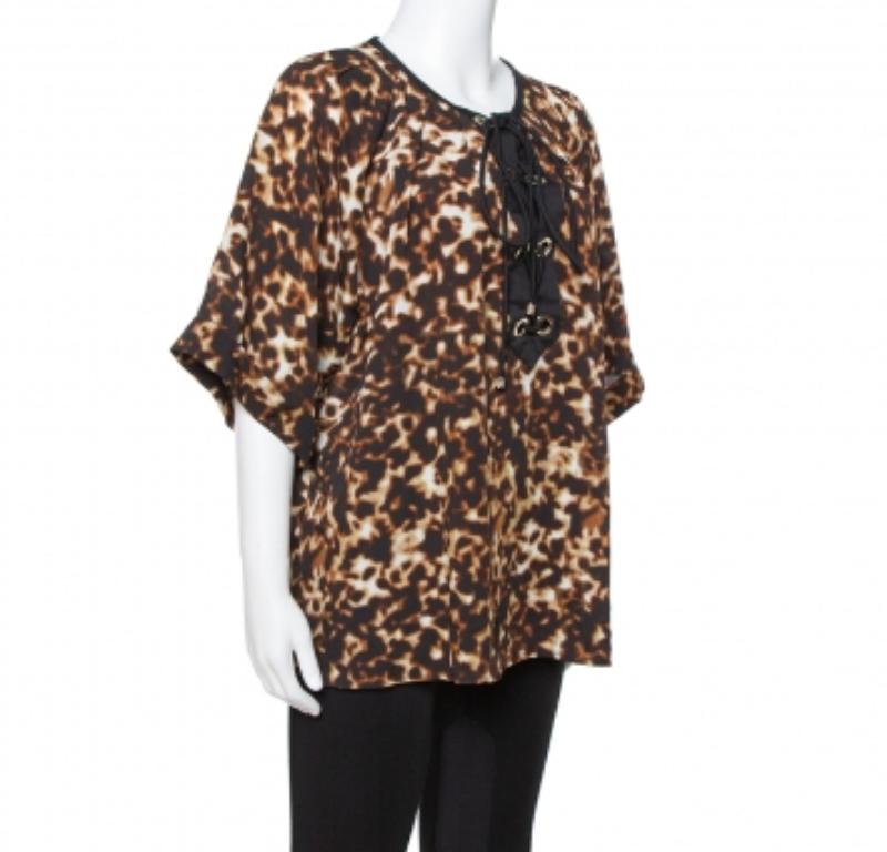 Women's Roberto Cavalli Brown Printed Silk Crepe Tie Front Blouse L For Sale