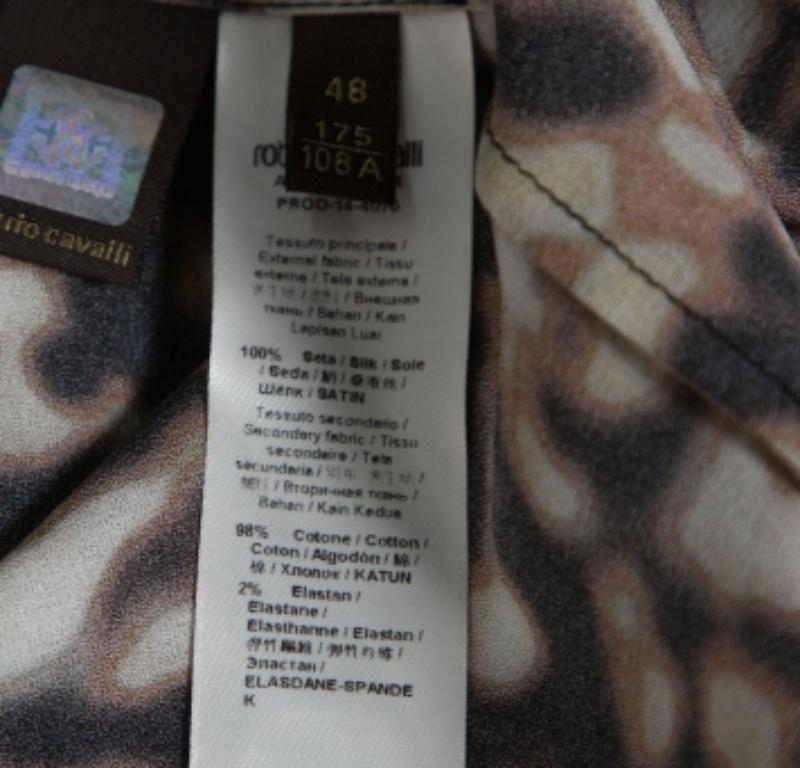 Roberto Cavalli Brown Printed Silk Crepe Tie Front Blouse L For Sale 1