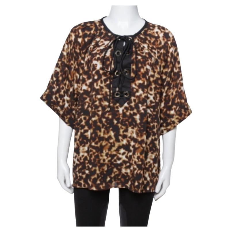 Roberto Cavalli Brown Printed Silk Crepe Tie Front Blouse L For Sale