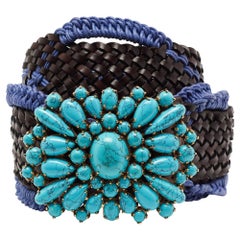 Roberto Cavalli Brown/Purple Braided Leather and Fabric Beaded  Waist Belt 90 CM