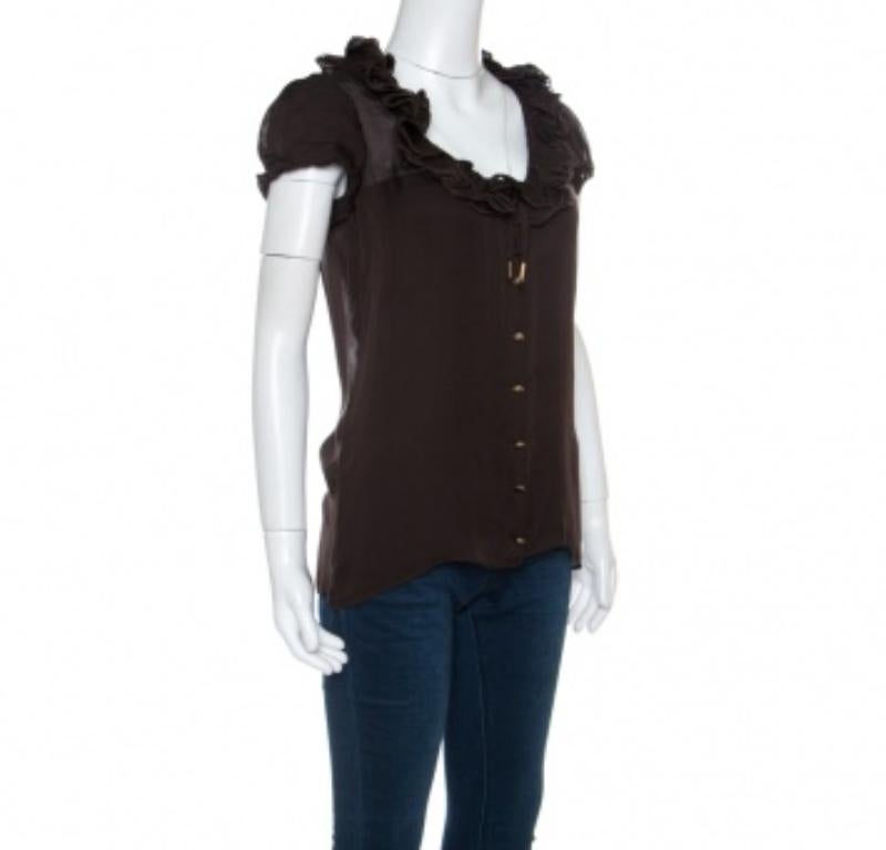 Noir Roberto Cavalli Brown - Chemisier en soie transparente à volants S en vente