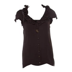Roberto Cavalli Brown - Chemisier en soie transparente à volants S