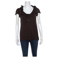 Roberto Cavalli Brown Ruffled Silk Sheer Blouse S
