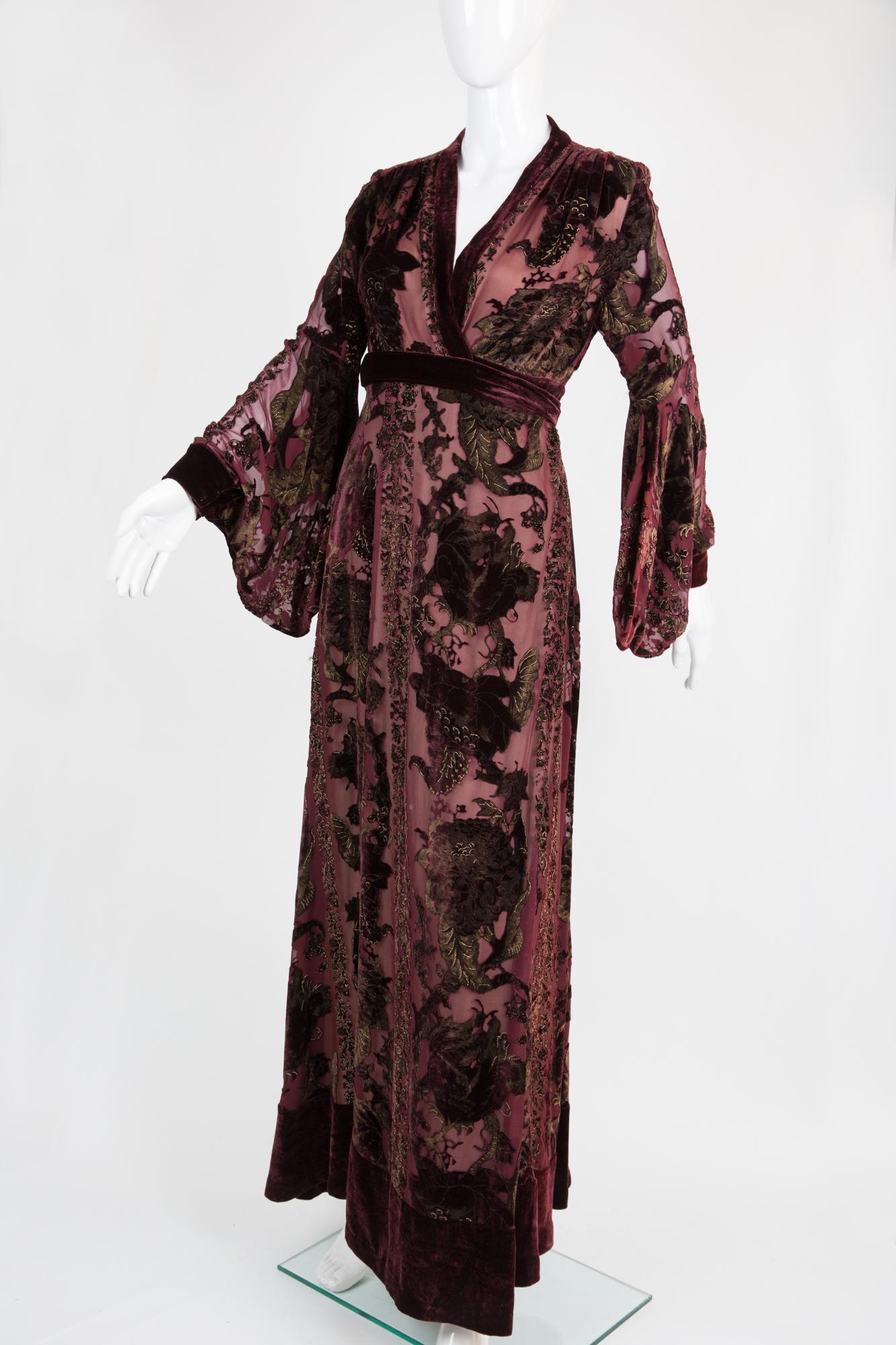 Black Roberto Cavalli Brown Silk Devore Kimono Evening Maxi Long Dress 