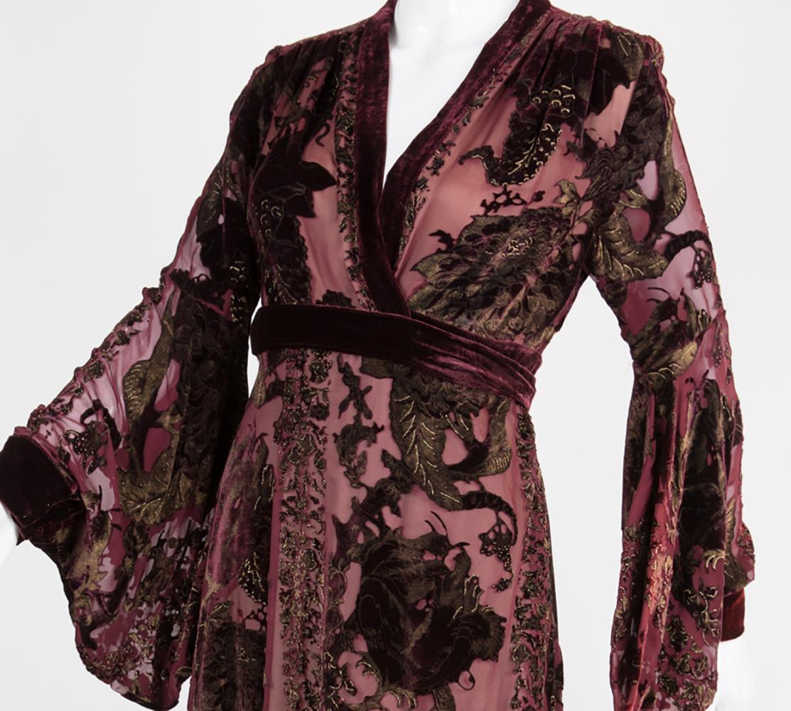 Roberto Cavalli Brown Silk Devore Kimono Evening Maxi Long Dress  In Excellent Condition In Paris, FR