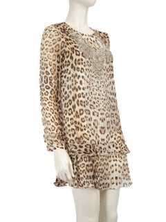 Roberto Cavalli Brown Silk Leopard Crystal Dress Size XS