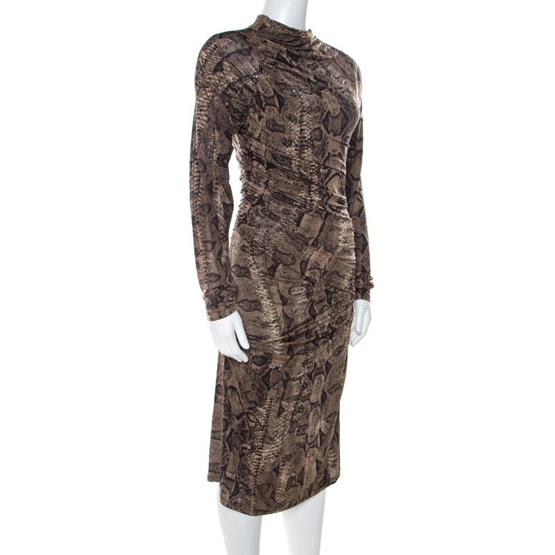 Black Roberto Cavalli Brown Snake Printed Jersey Ruched Detail Dress S