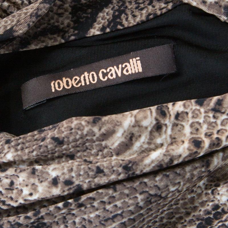 Women's Roberto Cavalli Brown Snake Printed Jersey Ruched Detail Dress S