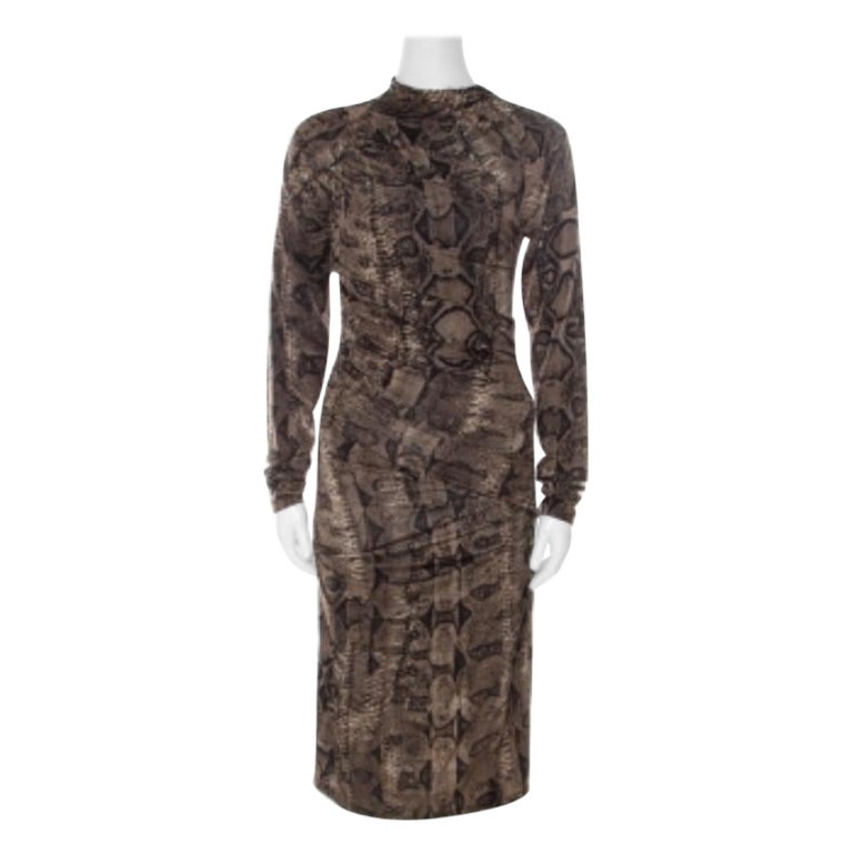 Roberto Cavalli Brown Snake Printed Jersey Ruched Detail Dress S