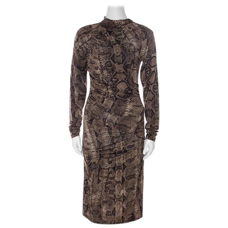 Roberto Cavalli Brown Snake Printed Jersey Ruched Detail Dress S