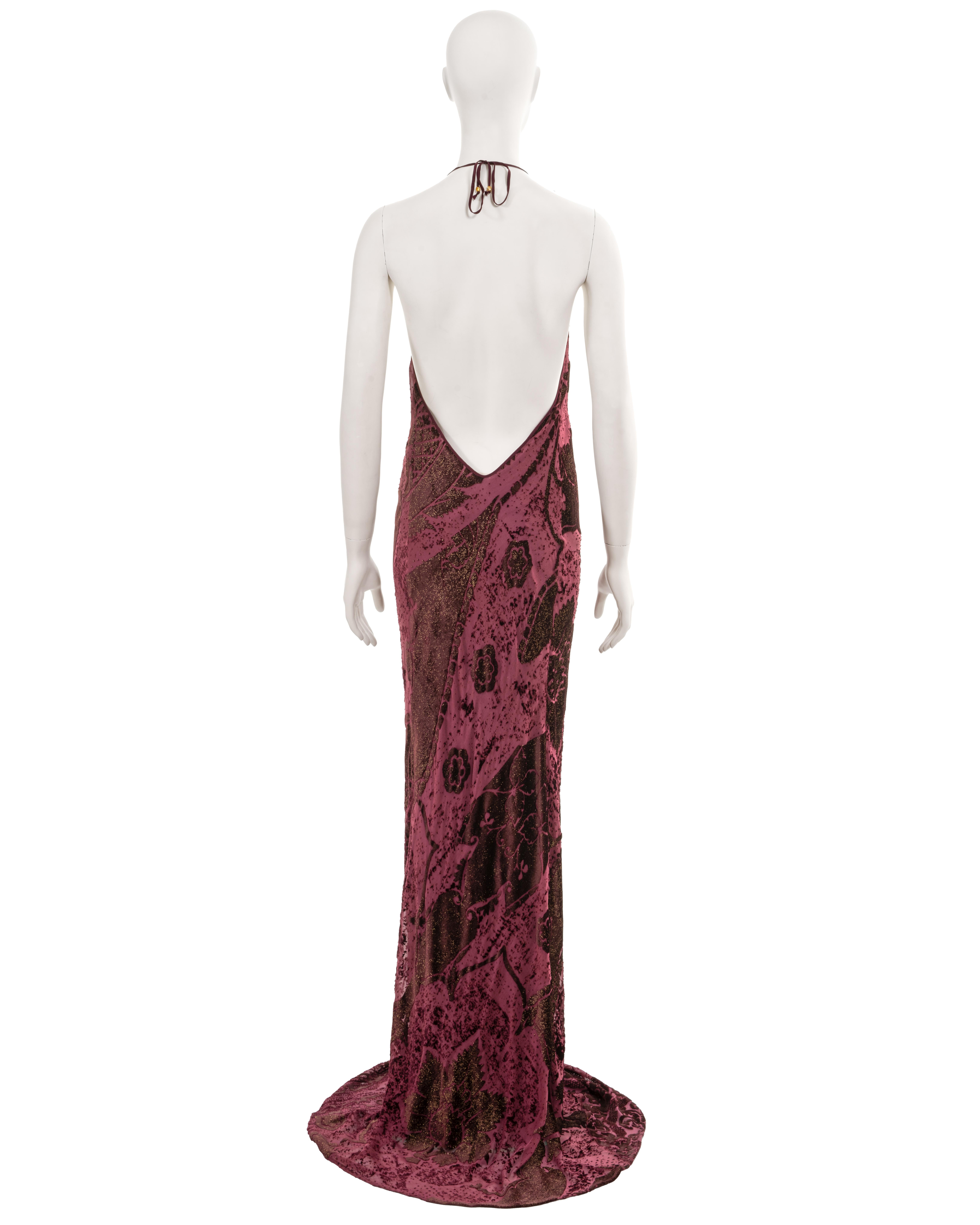 Roberto Cavalli burgundy cut-velvet halterneck evening dress, fw 2004  For Sale 7