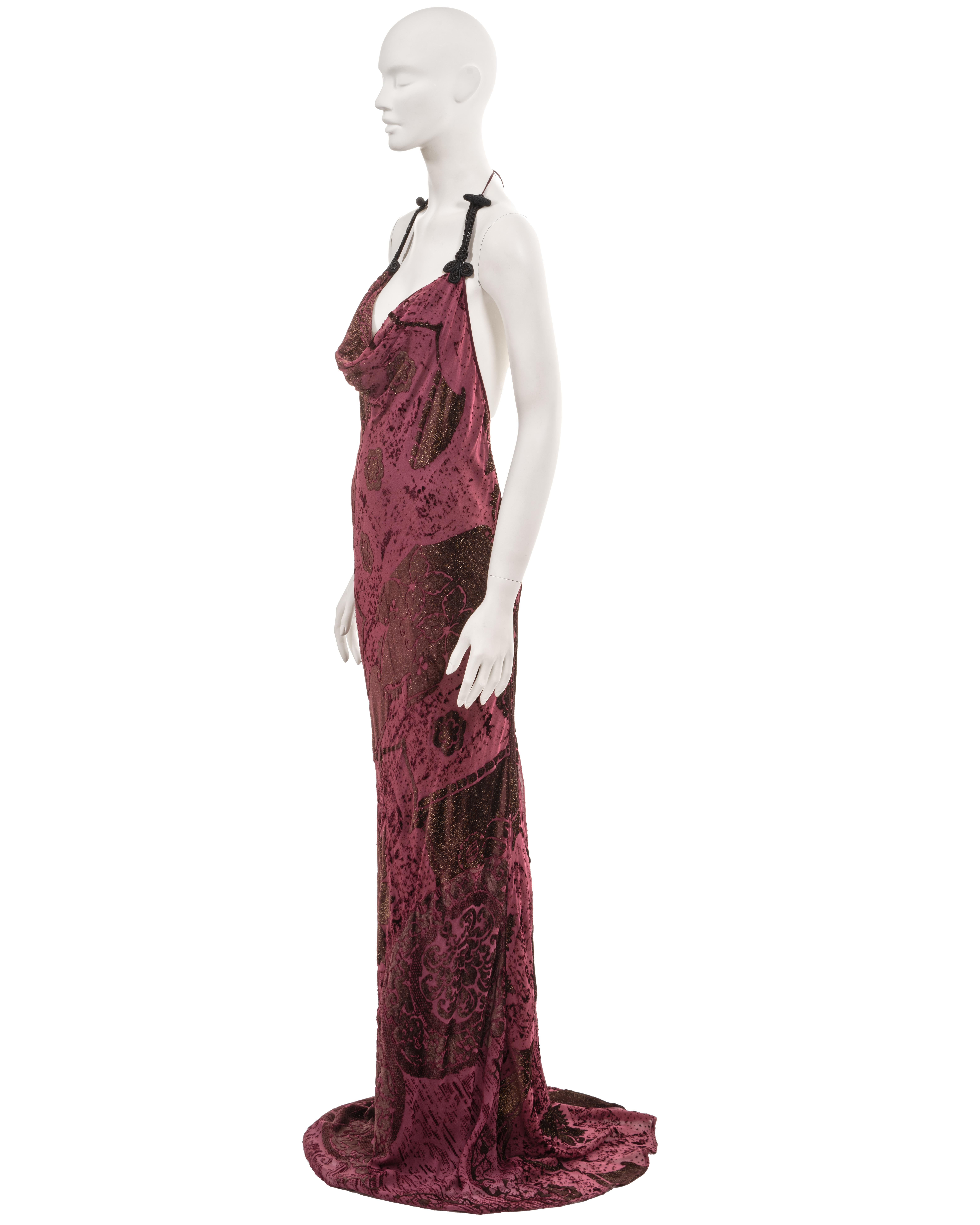 Roberto Cavalli burgundy cut-velvet halterneck evening dress, fw 2004  For Sale 8