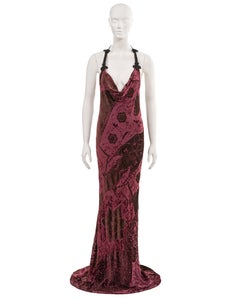 Roberto Cavalli burgundy cut-velvet halterneck evening dress, fw 2004