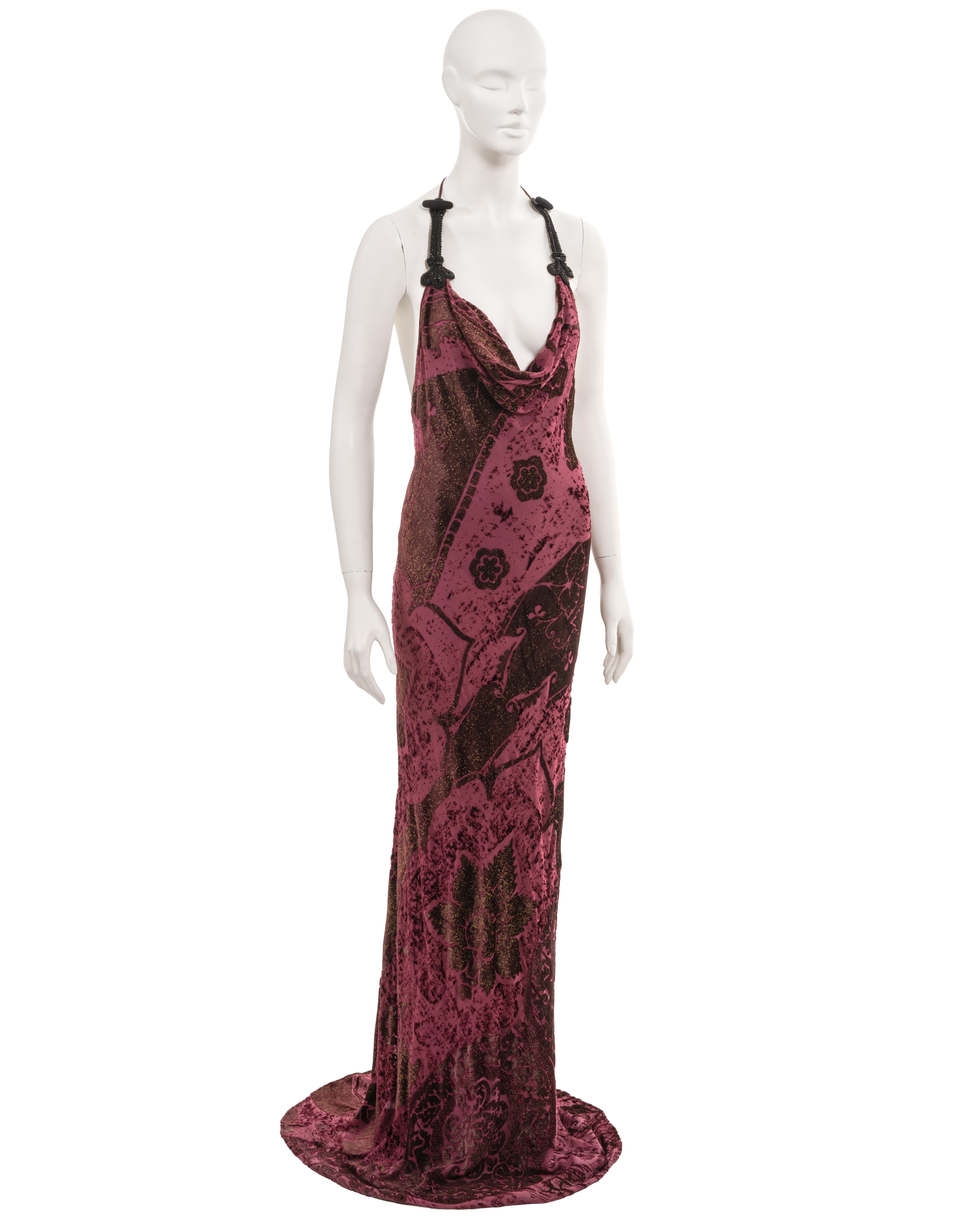 Roberto Cavalli burgundy cut-velvet halterneck evening dress, fw 2004  For Sale 2