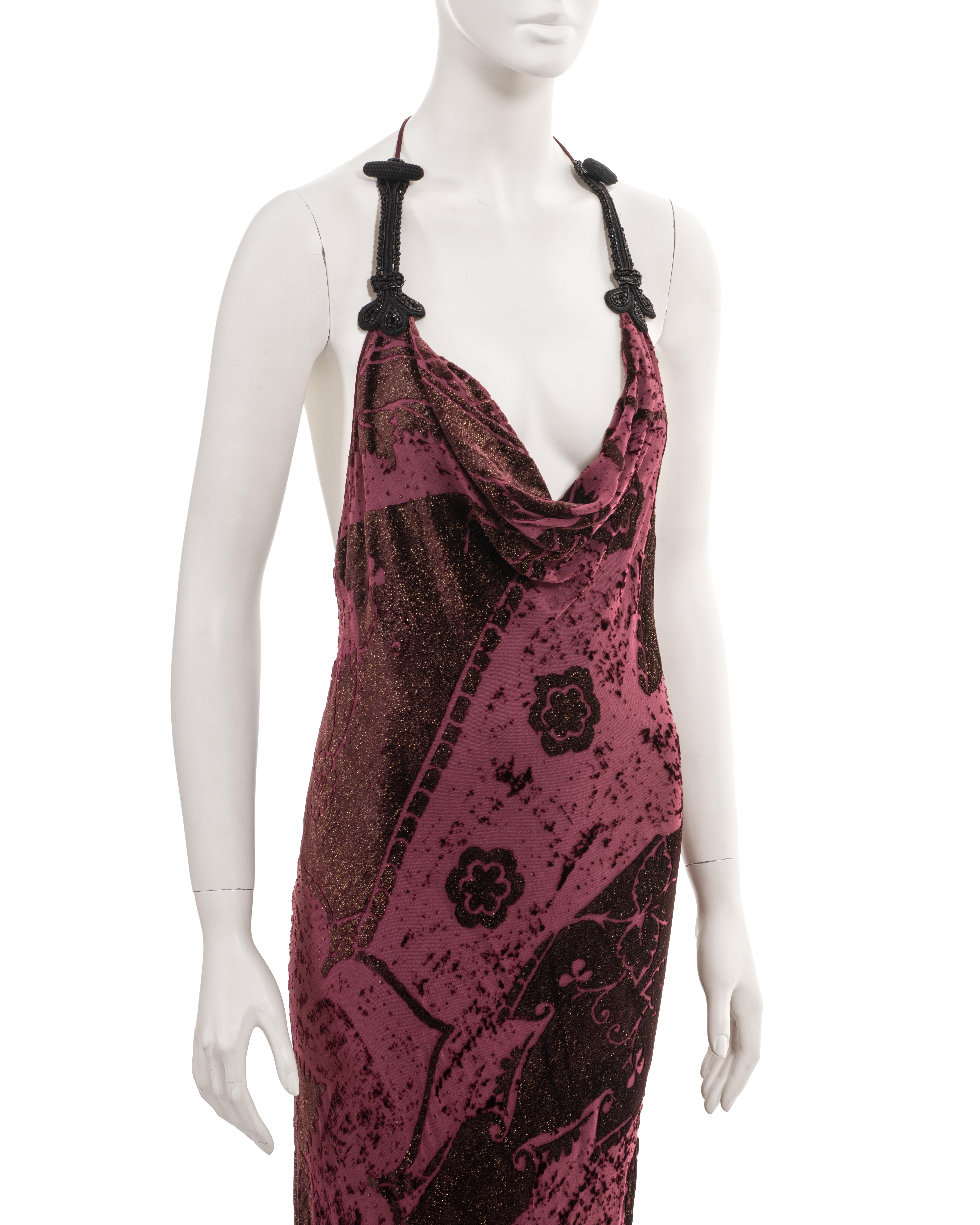 Roberto Cavalli burgundy cut-velvet halterneck evening dress, fw 2004  For Sale 3