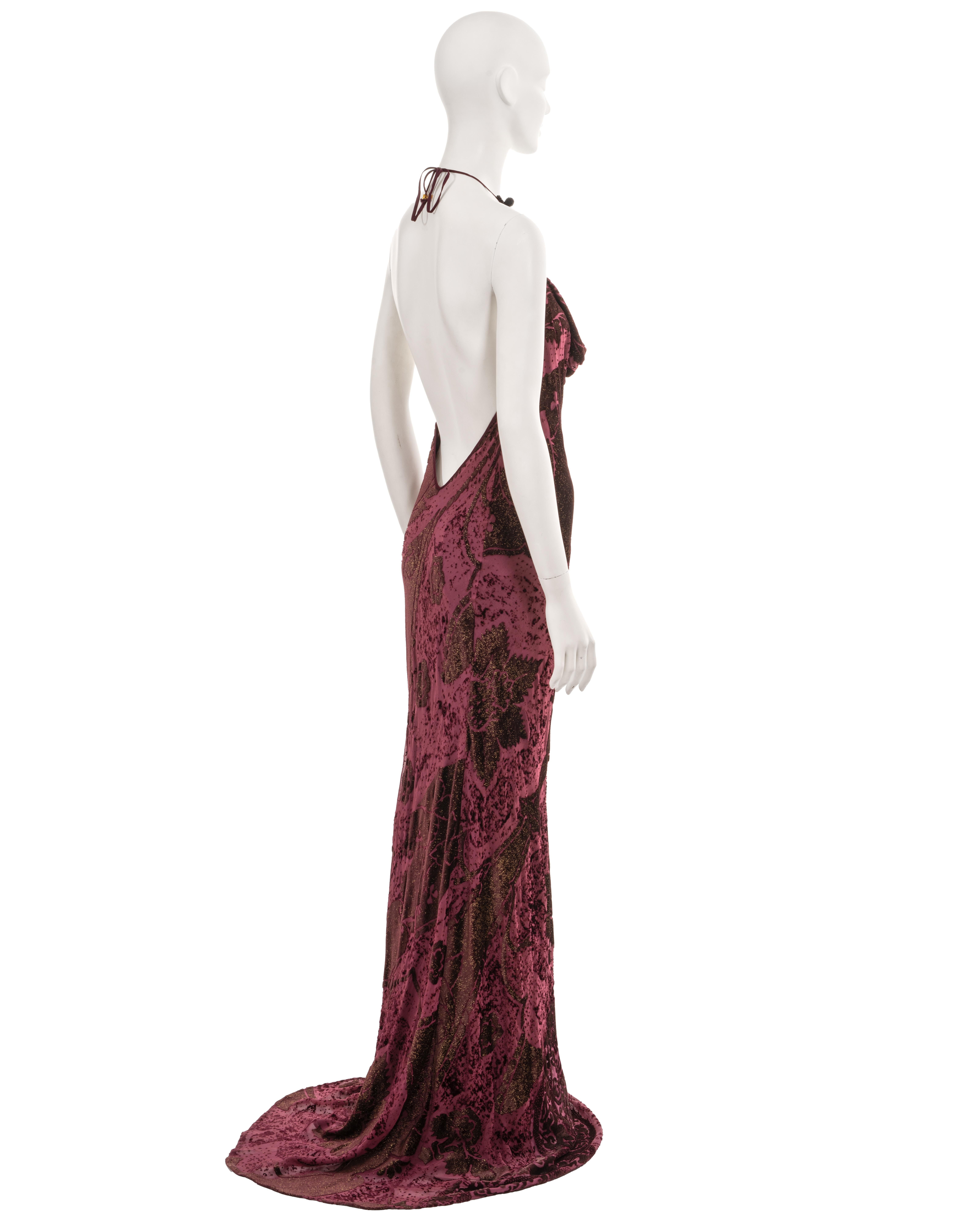 Roberto Cavalli burgundy cut-velvet halterneck evening dress, fw 2004  For Sale 5