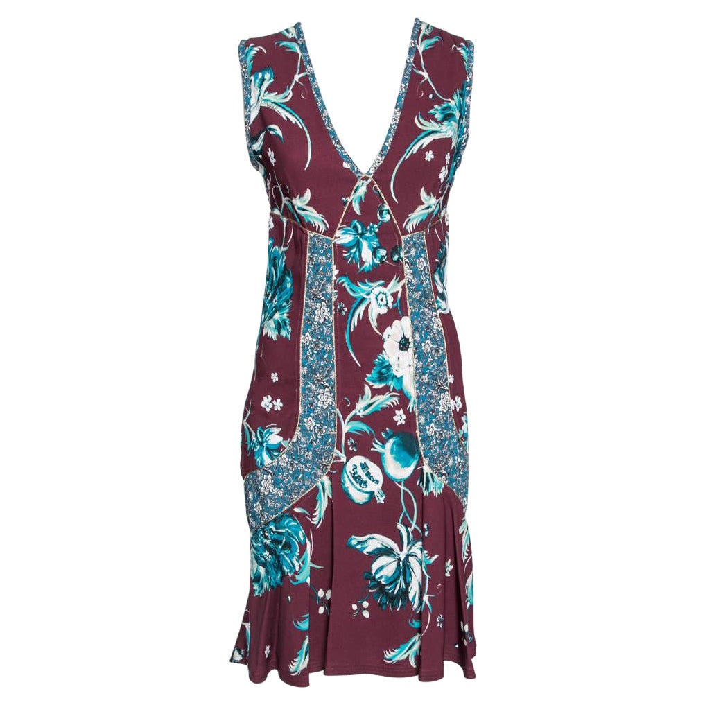Roberto Cavalli Burgundy Floral Printed Jersey Flared V Neck Dress M
