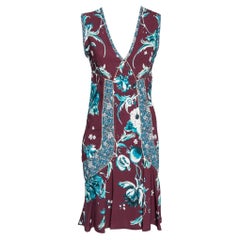 Roberto Cavalli Burgundy Floral Printed Jersey Flared V Neck Dress M