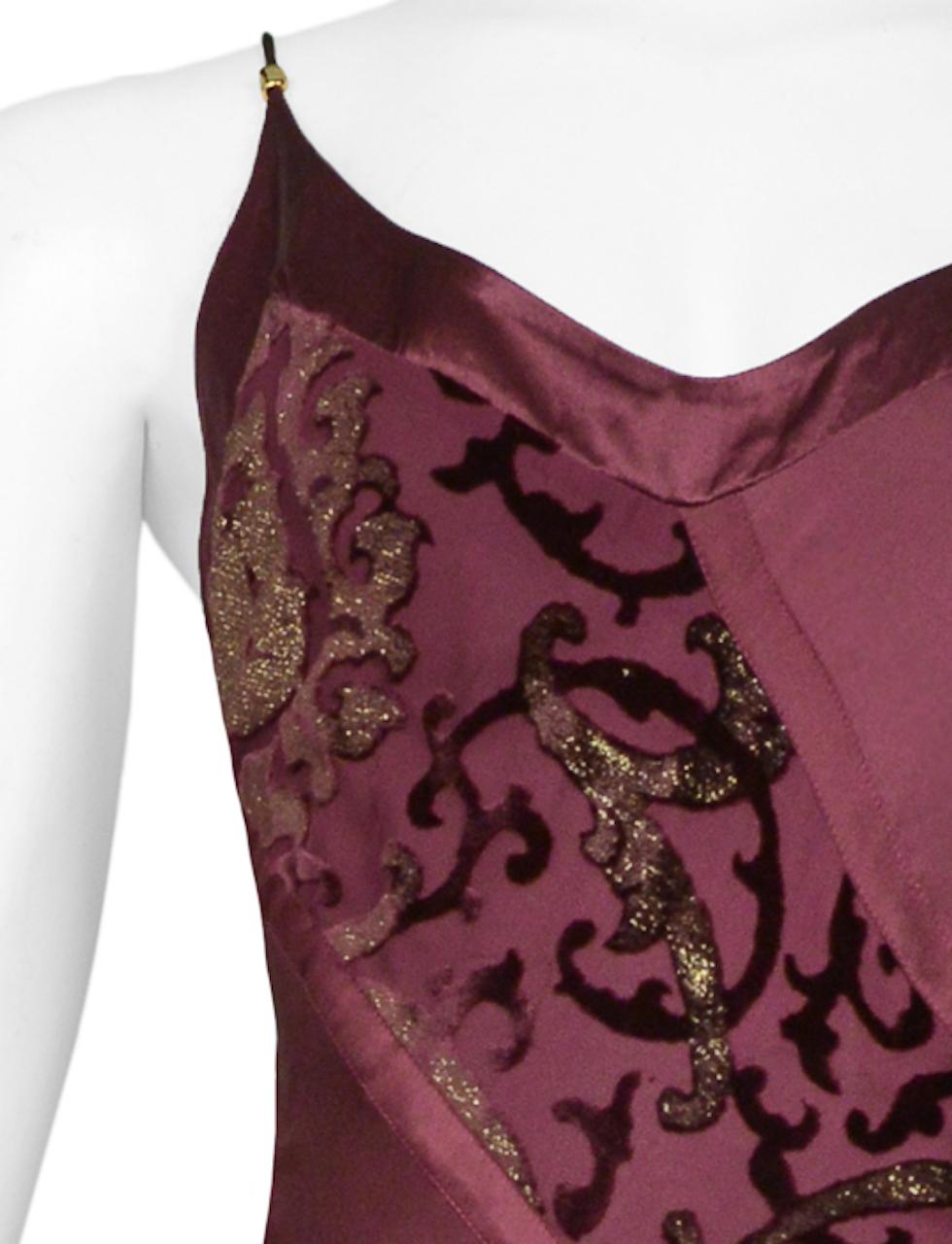 Black Roberto Cavalli Burgundy Satin Slip Dress With Gold Metallic Print For Sale