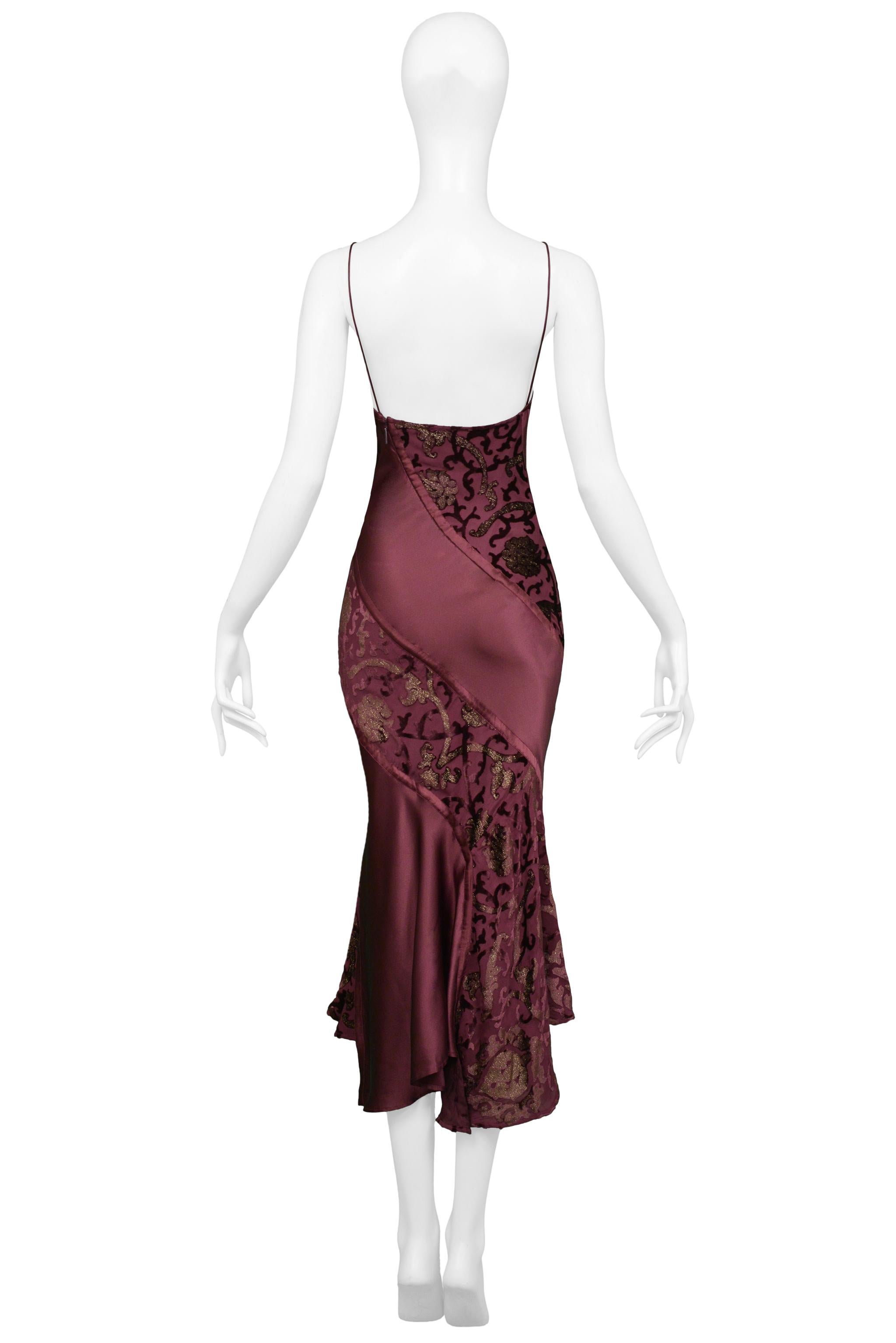 Roberto Cavalli Burgundy Satin Slip Dress With Gold Metallic Print In Excellent Condition For Sale In Los Angeles, CA