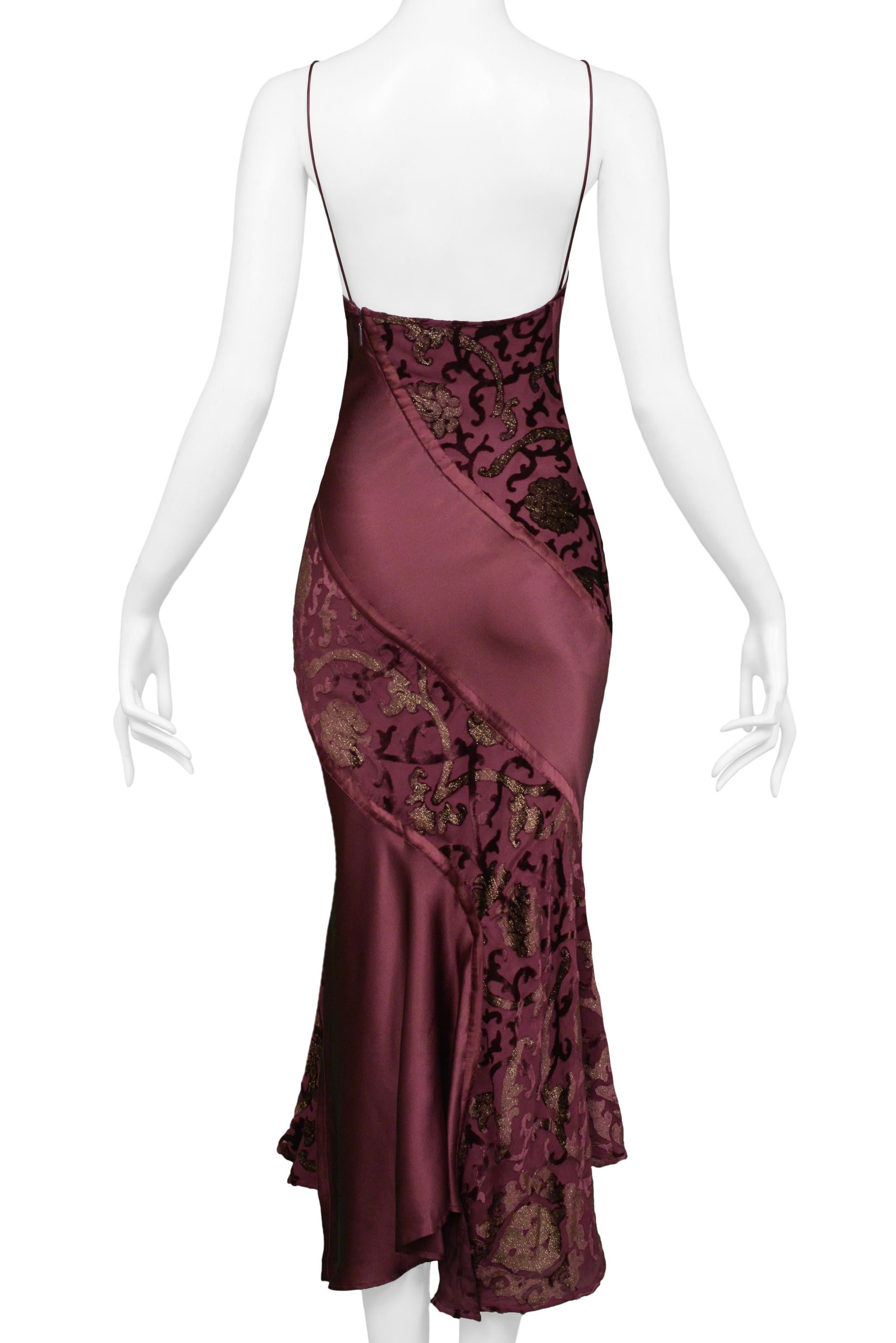 Women's Roberto Cavalli Burgundy Satin Slip Dress With Gold Metallic Print For Sale