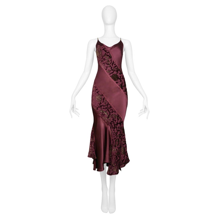 Roberto Cavalli Burgundy Satin Slip Dress With Gold Metallic Print For Sale  at 1stDibs