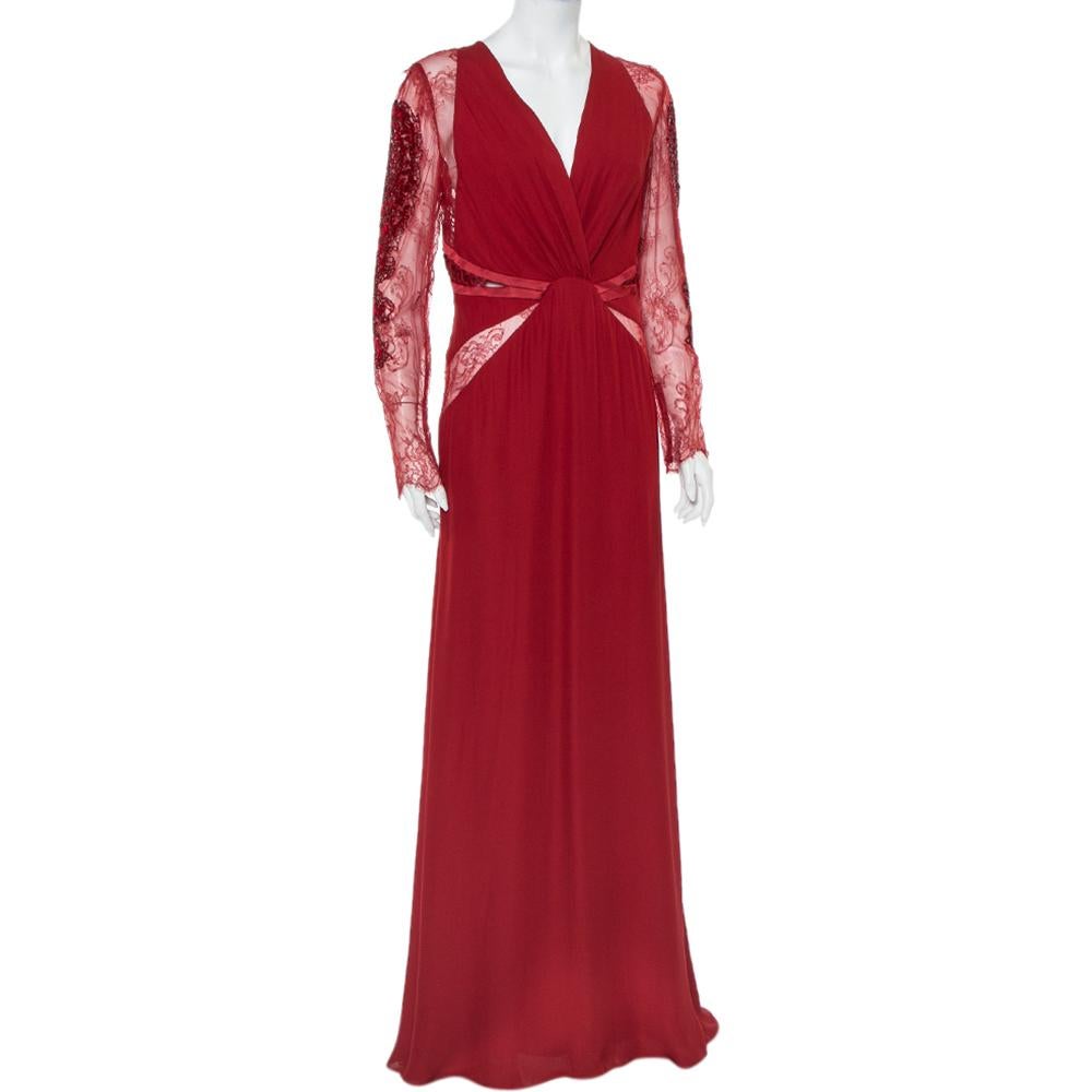 Red Roberto Cavalli Burgundy Silk Embellished Lace Sleeve Detail Maxi Dress L