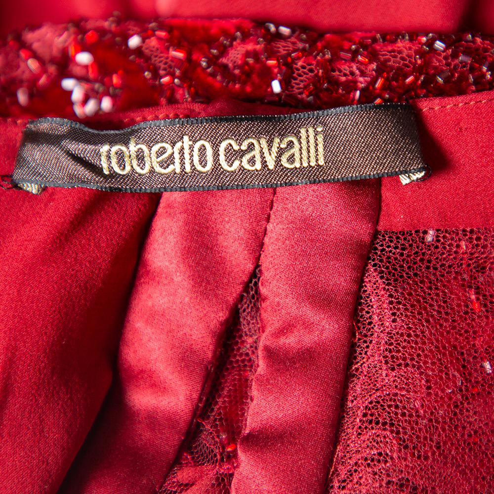 Women's Roberto Cavalli Burgundy Silk Embellished Lace Sleeve Detail Maxi Dress L