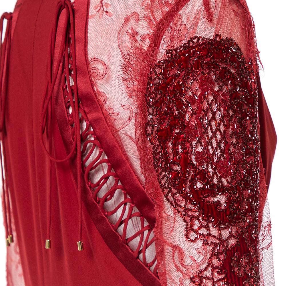 Roberto Cavalli Burgundy Silk Embellished Lace Sleeve Detail Maxi Dress L 1