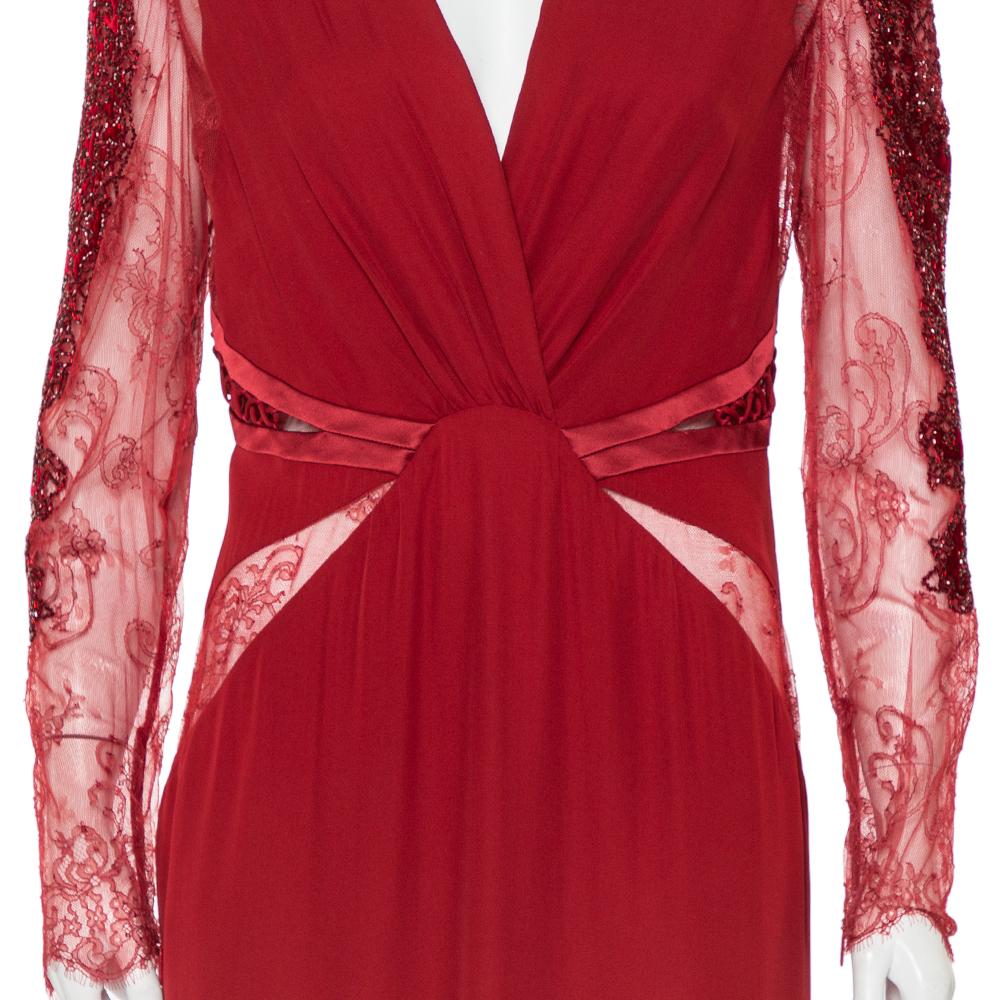 Roberto Cavalli Burgundy Silk Embellished Lace Sleeve Detail Maxi Dress L 2