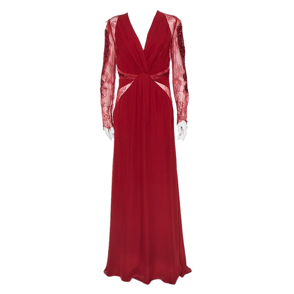 Roberto Cavalli Burgundy Silk Embellished Lace Sleeve Detail Maxi Dress L
