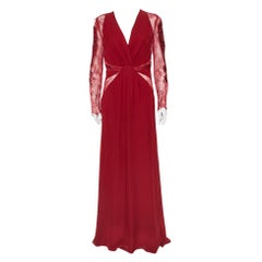 Roberto Cavalli Burgundy Silk Embellished Lace Sleeve Detail Maxi Dress L