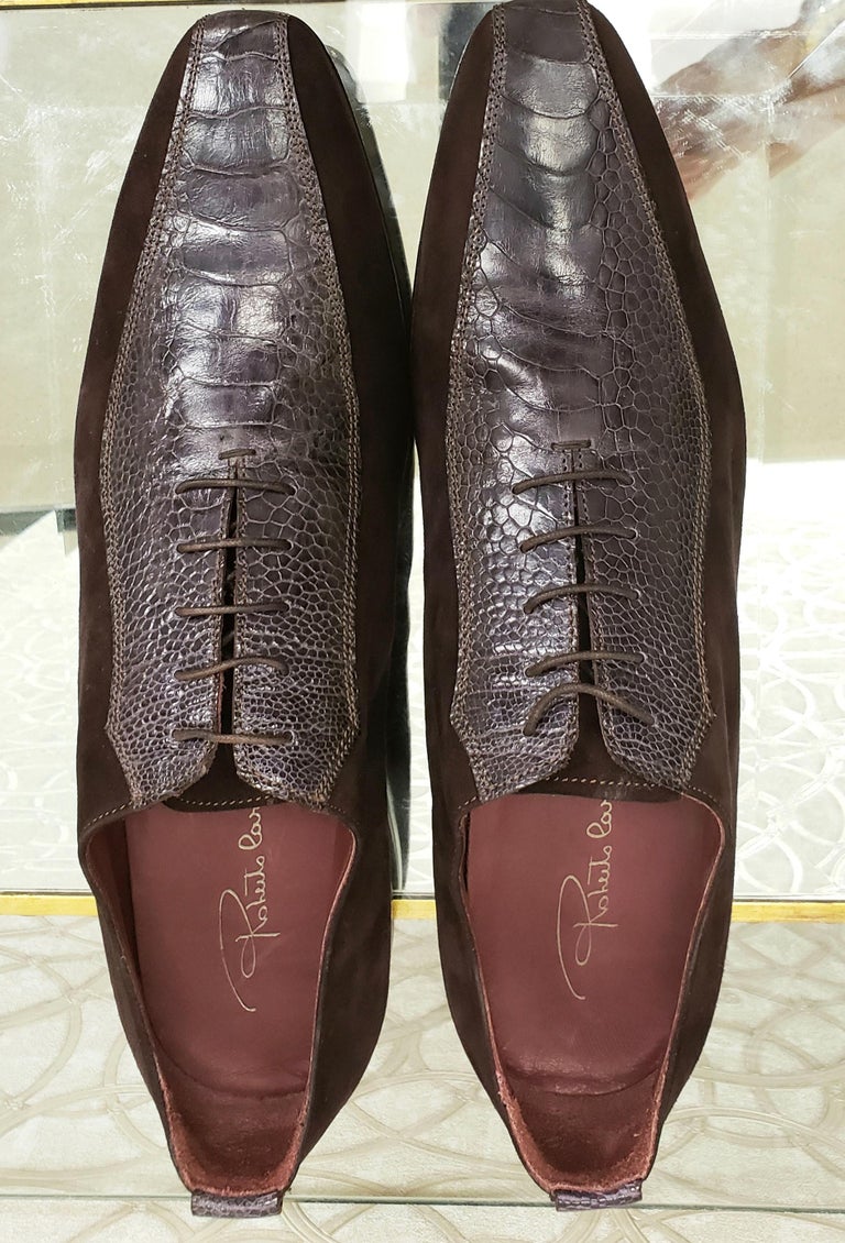 ROBERTO CAVALLI BURGUNDY SUEDE LEATHER SHOES w/OSTRICH LEATHER INSERTS 45 12 For Sale at