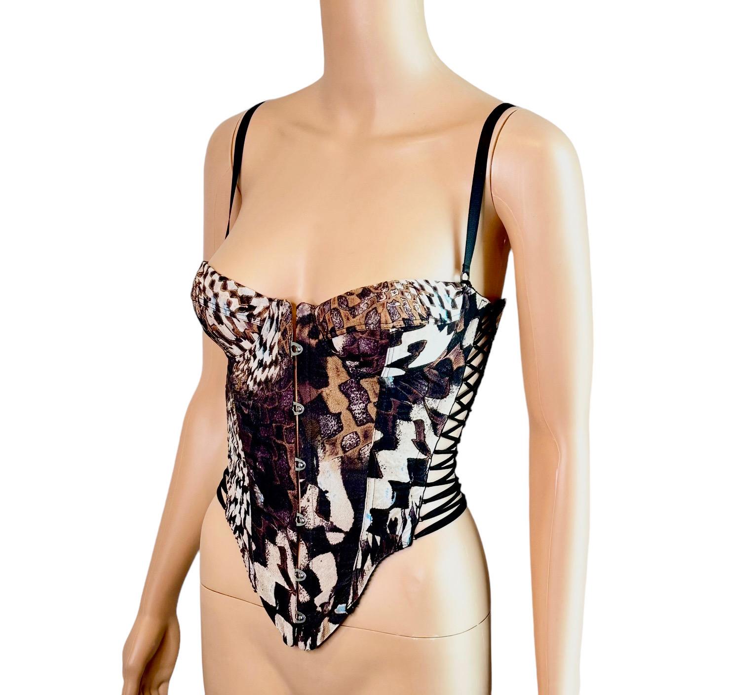 Roberto Cavalli Bustier Corset Lace Up Abstract Print Crop Top In Good Condition In Naples, FL