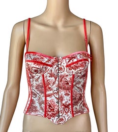 Roberto Cavalli Bustier Corset Lace-Up Ming Porcelain Print Mesh Velvet Crop Top