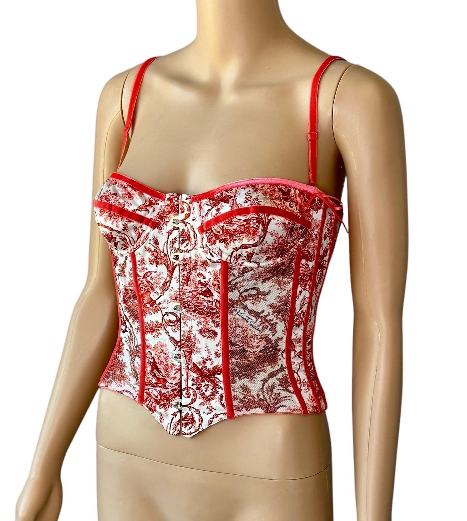 Roberto Cavalli Bustier Corset Lace-Up Ming Porcelain Print Mesh Velvet Crop Top For Sale 2