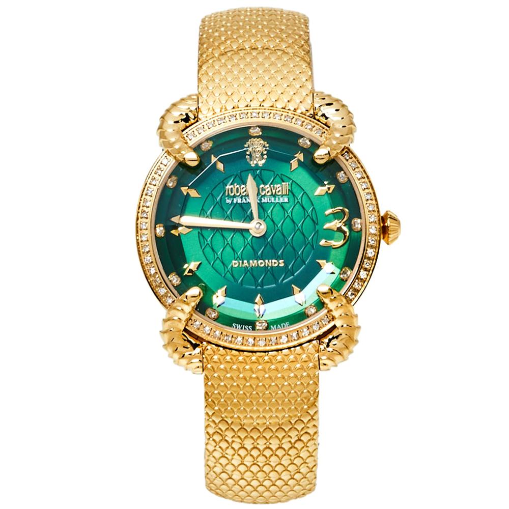 Roberto Cavalli By Frank Muller Green Gold Diamond Women's Wristwatch 34mm