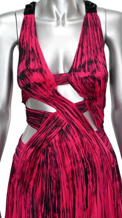 Roberto Cavalli c. 2009 Pink Black Pleated Silk Beaded Cut Out Gown