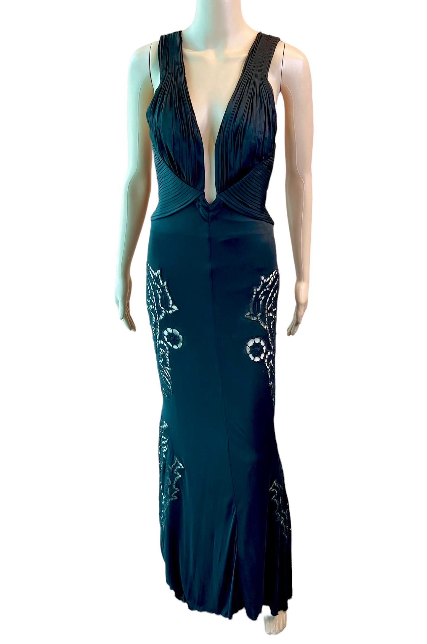 Roberto Cavalli c. 2009 Plunging Neckline Cutout Silk Black Evening Dress Gown IT 38