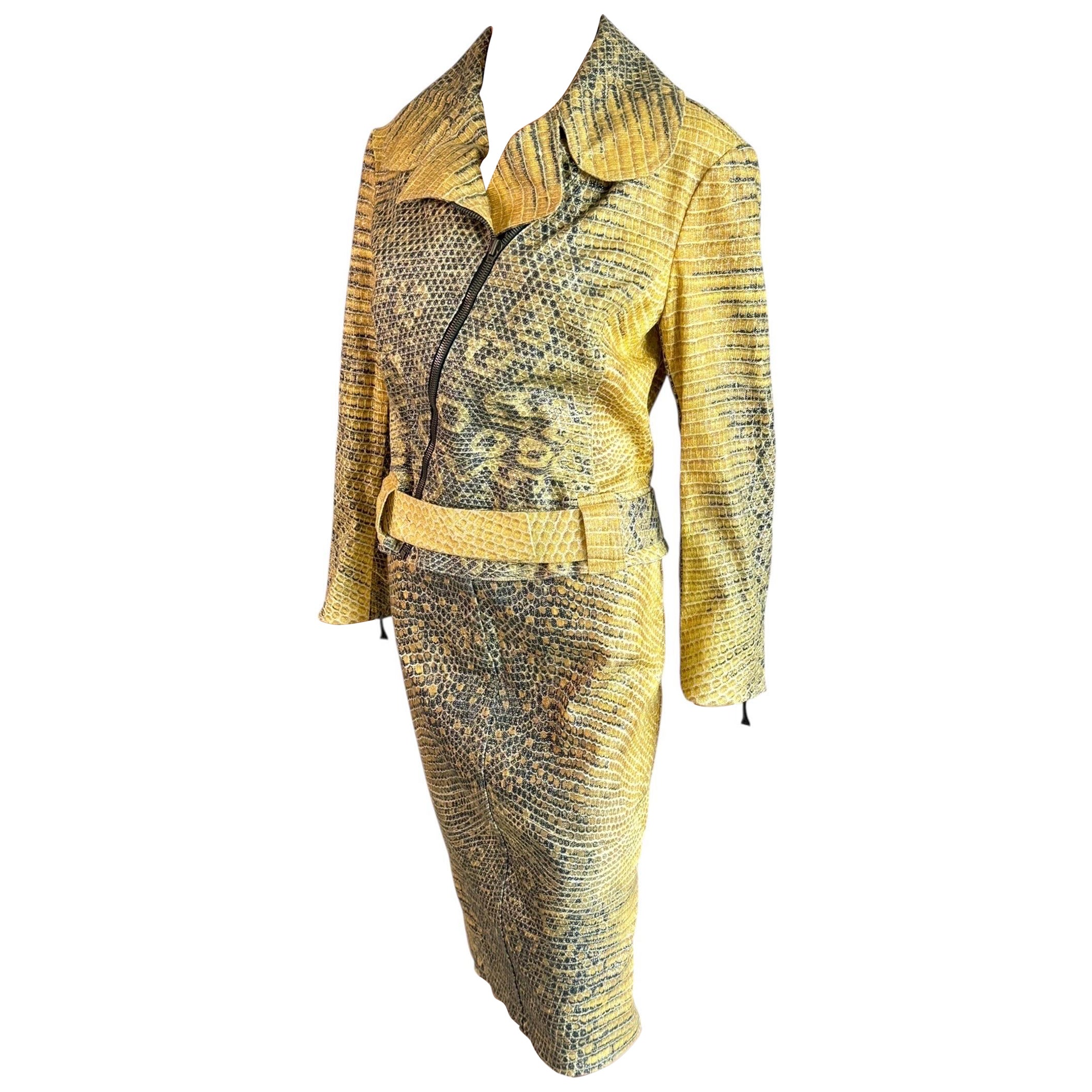Roberto Cavalli c.1998 Chaqueta de motorista Abrigo y falda Conjunto de traje de 2 piezas en venta