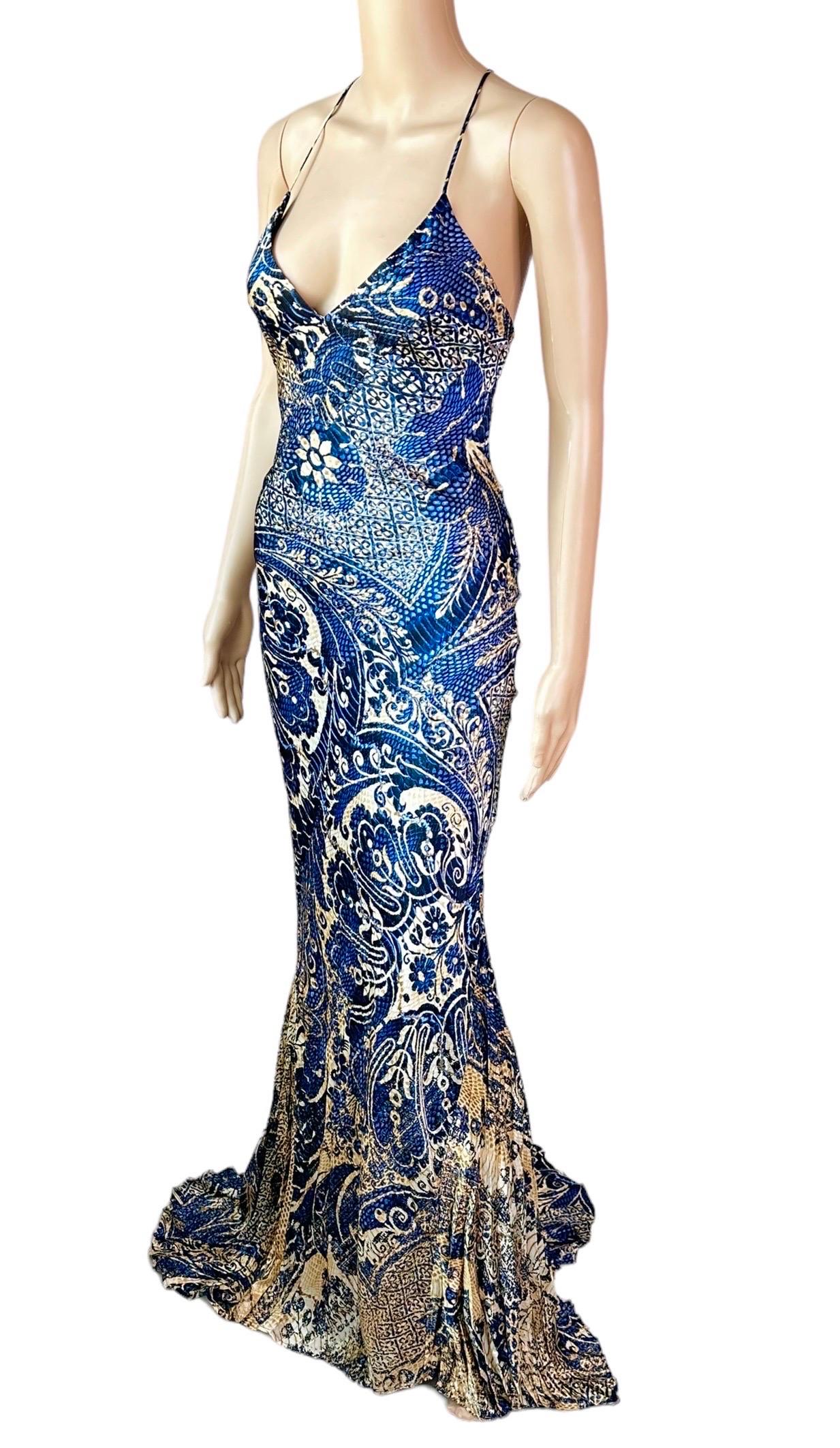 Roberto Cavalli c.2005 Bustier BH Abstrakter Druck Schleppe Maxi Abendkleid Kleid IT 42
