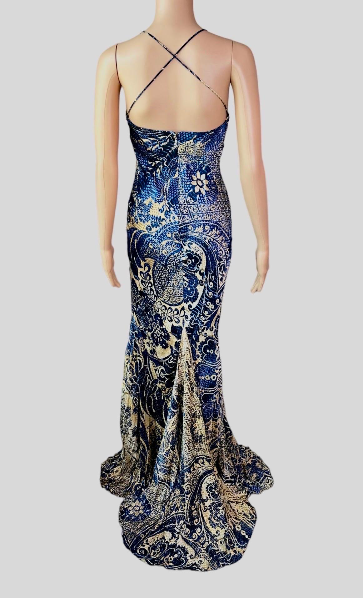 Roberto Cavalli ca. 2005 Bustier Abstraktes Maxi-Abendkleid mit Schleppe (Grau) im Angebot