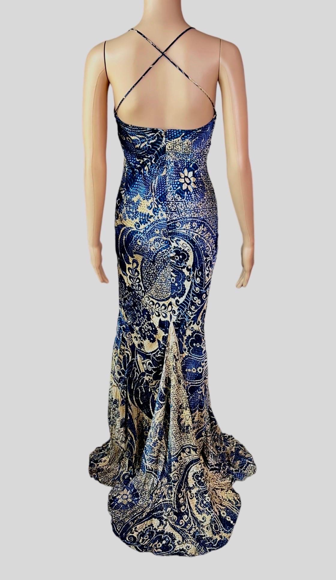Roberto Cavalli ca. 2005 Bustier Abstraktes Maxi-Abendkleid mit Schleppe Damen im Angebot