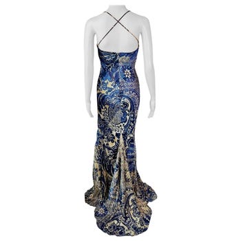 Roberto Cavalli c.2005 Bustier Abstract Print Train Maxi Evening Dress Gown