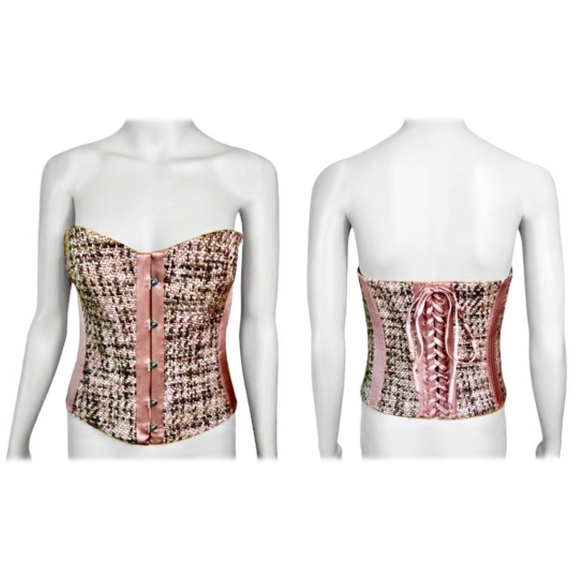 Roberto Cavalli c.2005 Bustier Tweed Satin Lace Up Corset Top & Blazer Jacket 2 Piece Set Ensemble Size IT 42

Roberto Cavalli structured boned corset top featuring tweed and satin panels, hook eye closure in front, and lace up back with gold tone