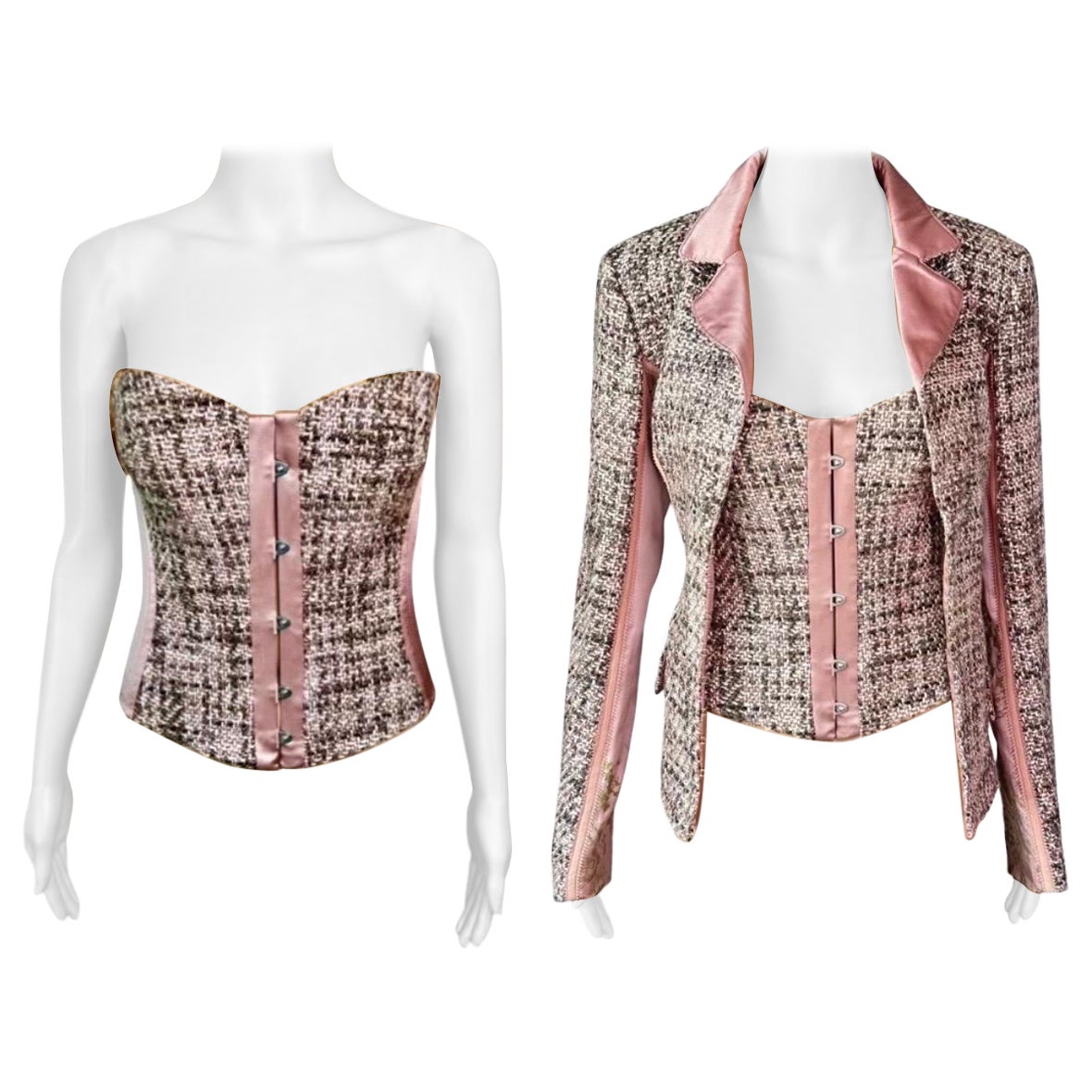 Roberto Cavalli c.2005 Bustier Tweed Encaje Corsé Top & Blazer Conjunto 2 Piezas en venta