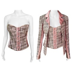 Roberto Cavalli c.2005 Bustier Tweed Lace Up Corset Top & Blazer 2 Piece Set